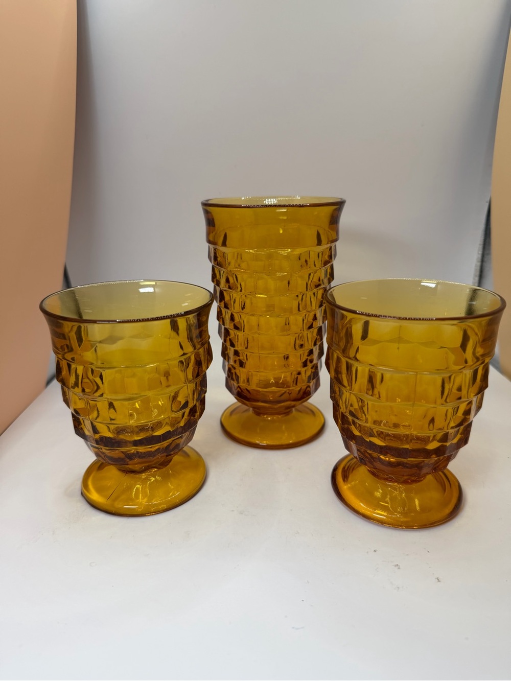Three American Whitehall Amber Collection. 2 different sizes.  Cubist Pattern.